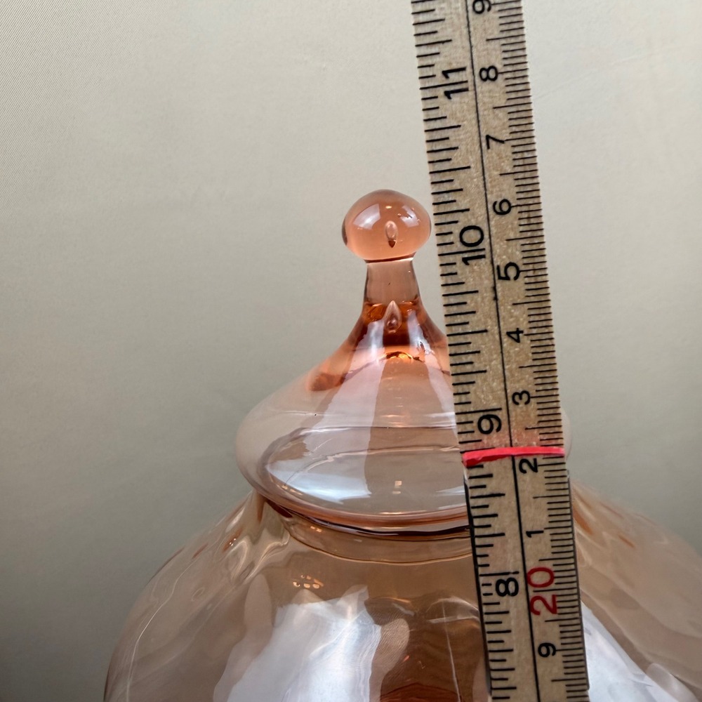 Vintage Peach Empoli Glass Apothecary Jar Pedestal Candy Dish with Lid Italy 10" - Picture 8 of 9
